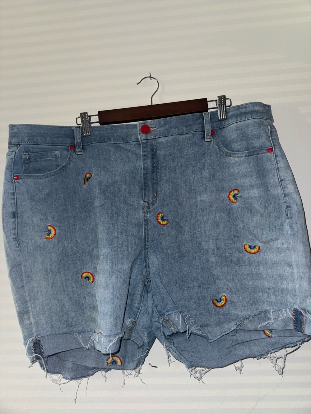 Lane Bryant Light Blue Denim Shorts with Rainbow Patches